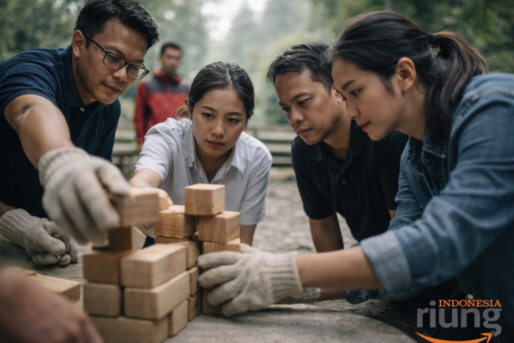 Aktivitas outbound kelompok di area terbuka 5G Resort Mountain View Puncak