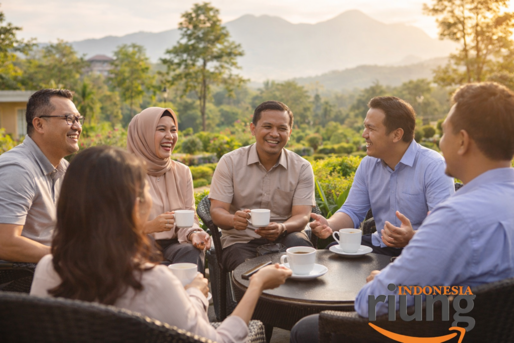 Kebersamaan peserta di acara gathering dengan latar pegunungan