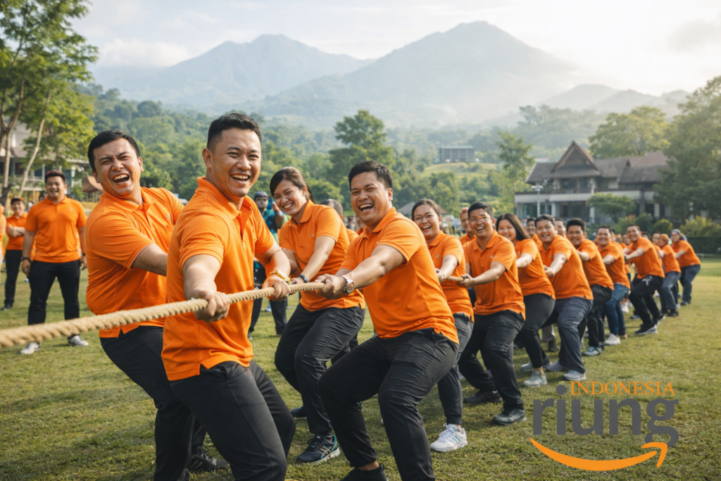 Aktivitas outbound team building perusahaan di area outdoor Pullman Ciawi Vimala Hills