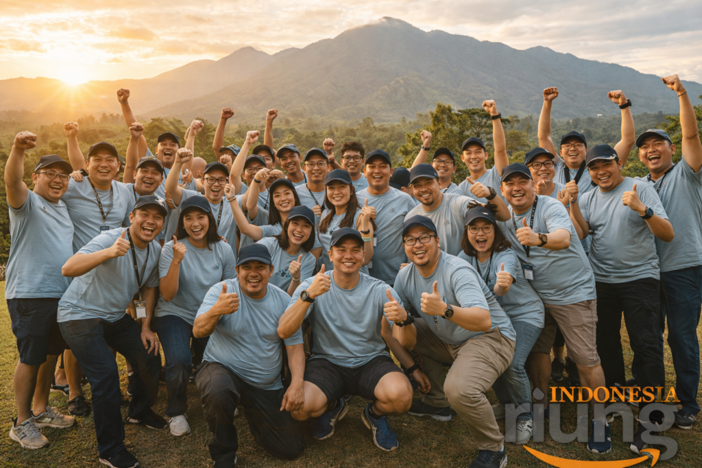 Foto kebersamaan peserta outbound perusahaan di Pullman Ciawi Vimala Hills setelah aktivitas team building