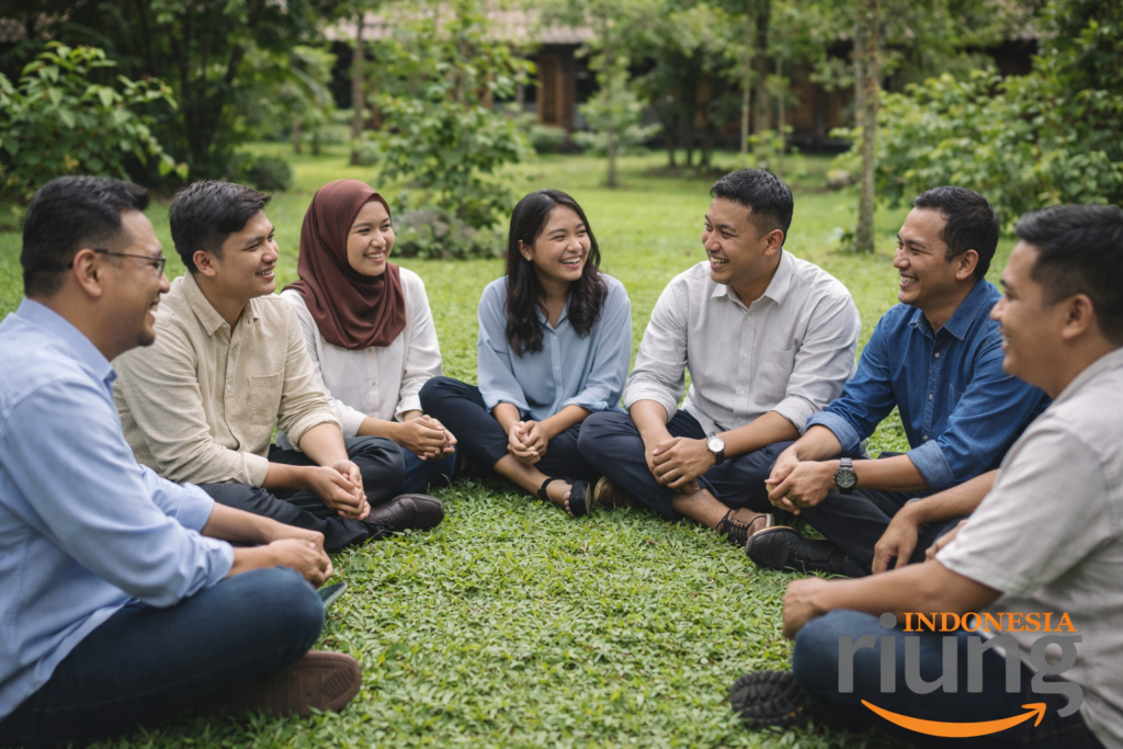 Peserta gathering perusahaan duduk melingkar berbincang santai dan tertawa ringan di area taman ecolodge