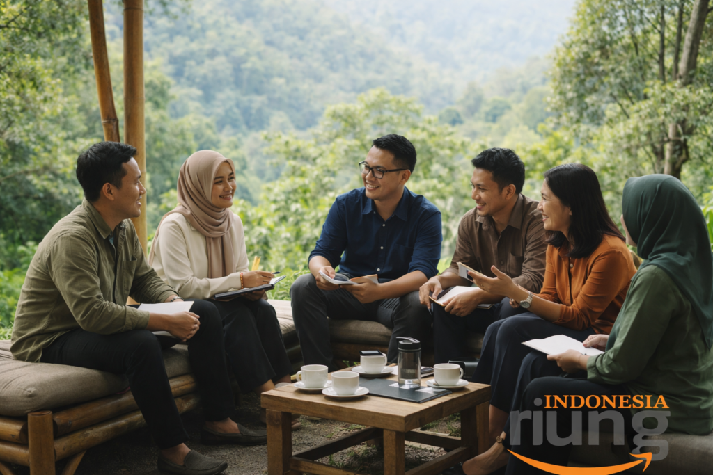 Peserta gathering perusahaan duduk santai berdiskusi dan refleksi bersama di area outdoor Leuweung Geledegan Ecolodge