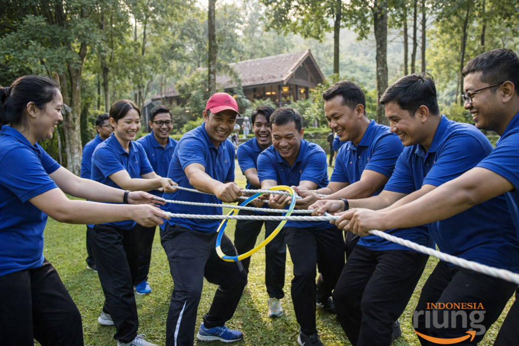 Fun games outbound perusahaan di Leuweung Geledegan Ecolodge, peserta tertawa dan berinteraksi dalam permainan kolaboratif