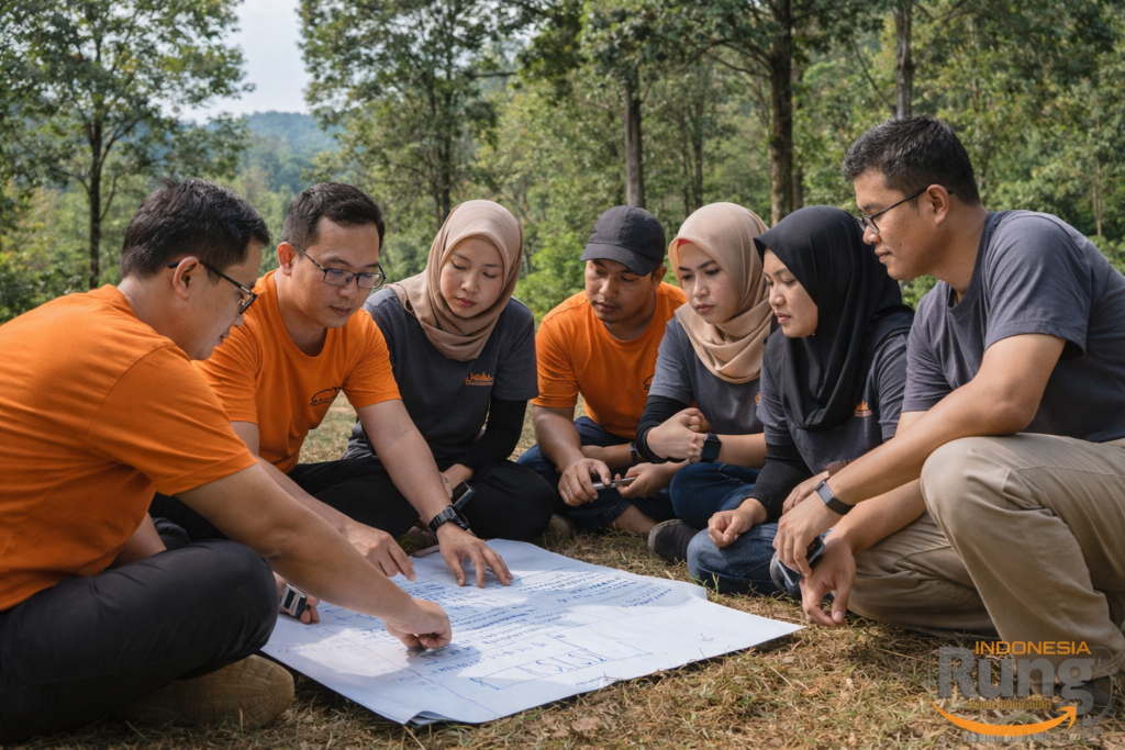 Peserta outbound perusahaan berdiskusi dan menyusun strategi sebelum permainan team building