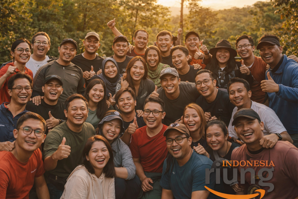 Foto kebersamaan peserta outing perusahaan di Leuweung Geledegan Ecolodge
