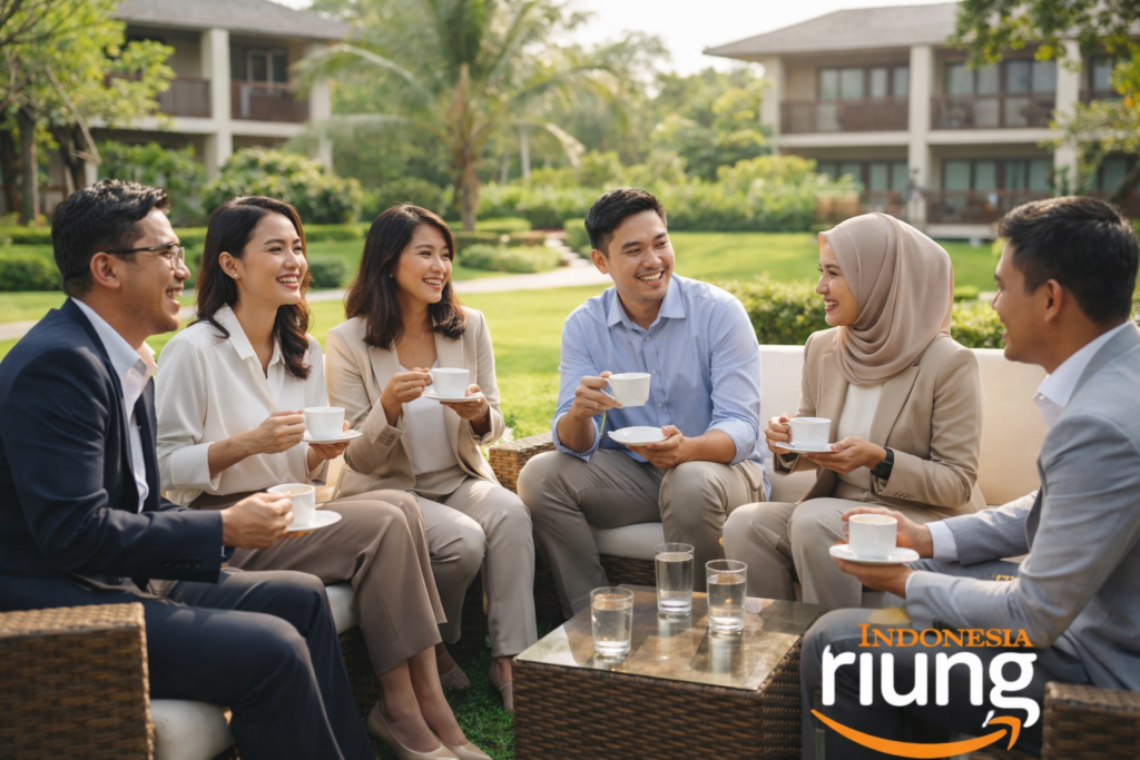 Coffee break outing perusahaan di area outdoor resort, peserta menikmati minuman sambil berbincang santai