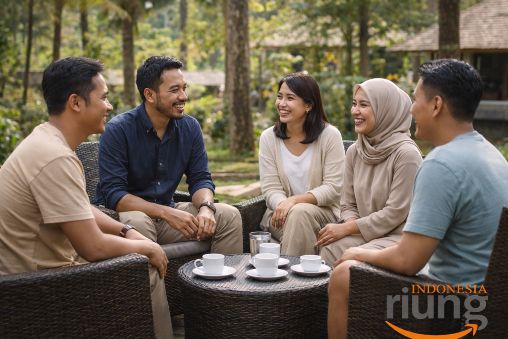 Kelompok kecil peserta outing berbincang non-formal di area duduk outdoor resort