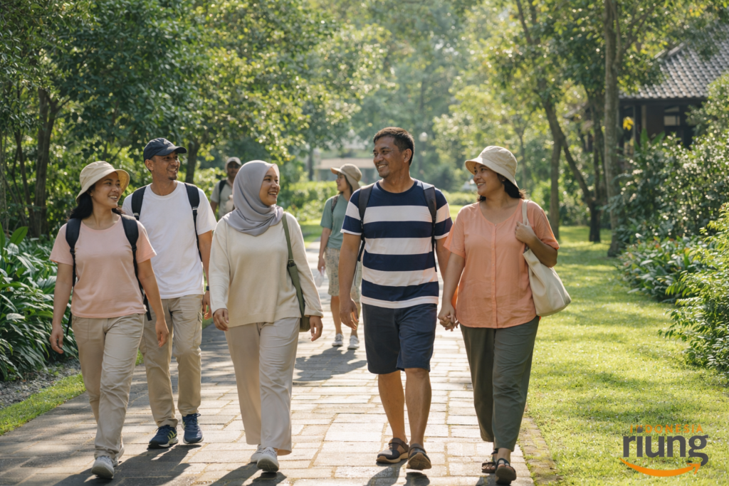 Peserta outing berjalan santai di jalur pedestrian resort AMANUBA