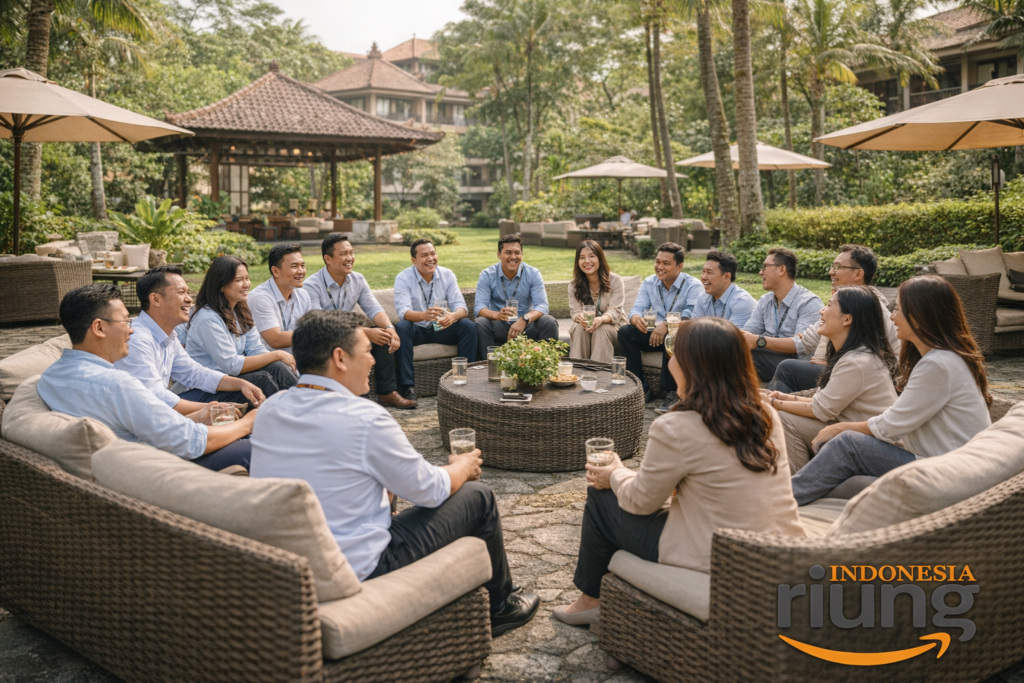 Sesi gathering semi-formal di resort, peserta korporat berkumpul dengan suasana rapi namun santai