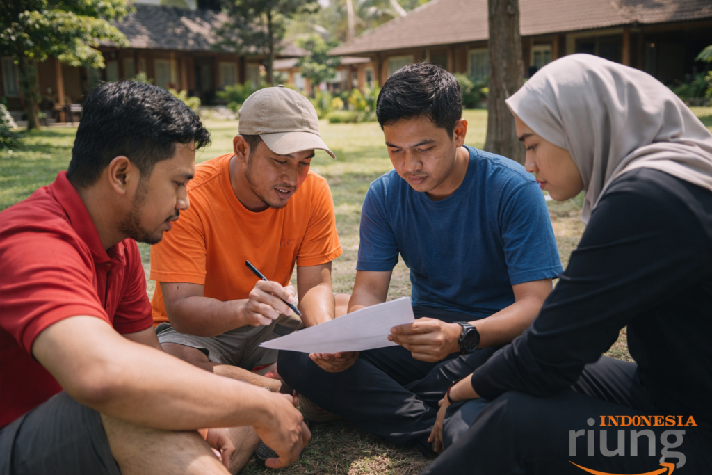 Sesi komunikasi dan koordinasi tim dalam outbound perusahaan di AMANUBA Rancamaya