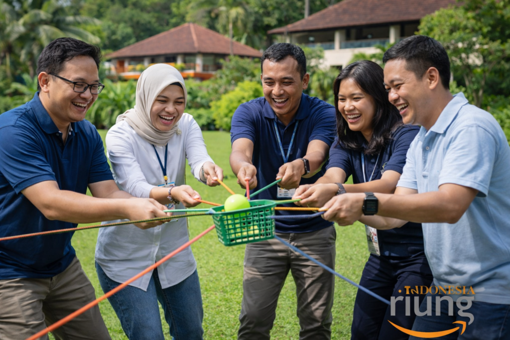 Aktivitas team building non-ekstrem, peserta bekerja sama menyelesaikan permainan kelompok ringan