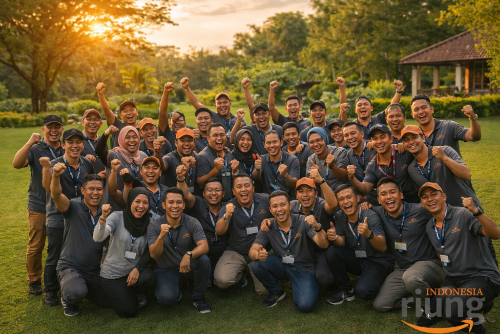 Foto kebersamaan peserta outbound perusahaan di AMANUBA Rancamaya setelah kegiatan