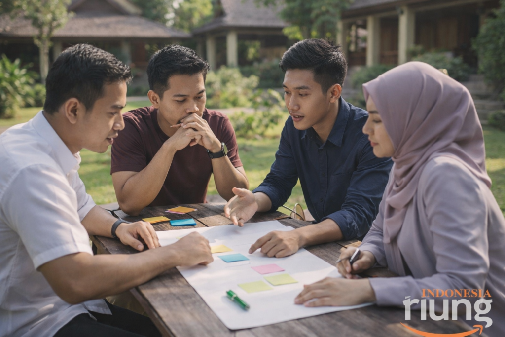 Aktivitas outbound problem solving, peserta berdiskusi dan bekerja sama menyusun strategi sederhana