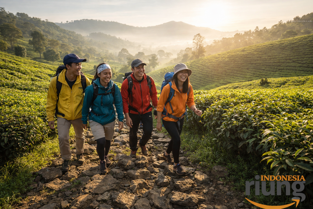Aktivitas trekking dengan latar perkebunan teh di Puncak