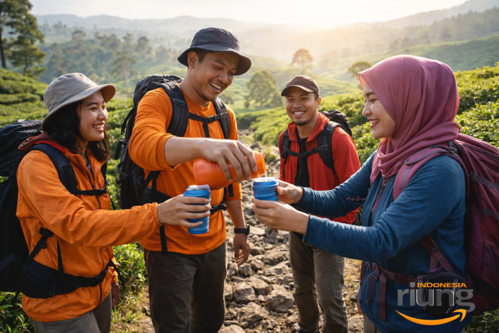 Peserta trekking berbagi minum di jalur trekking telaga saat
