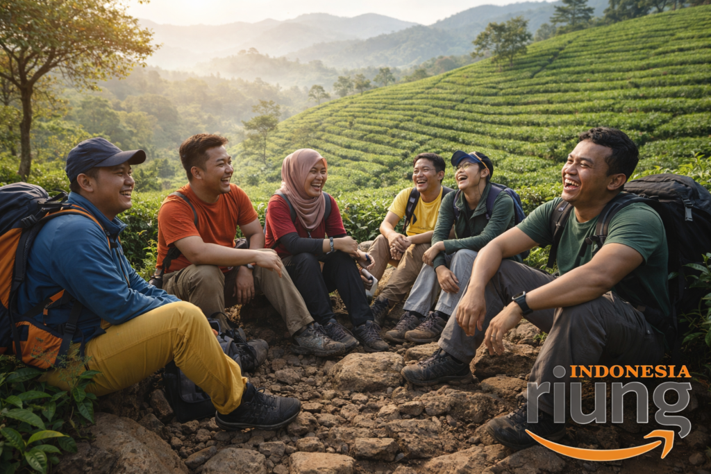 Peserta trekking beristirahat di area perkebunan teh Puncak