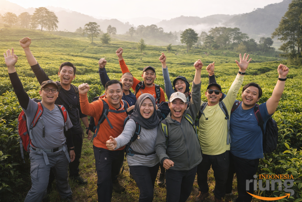 Sesi foto bersama peserta trekking di area telaga saat Puncak