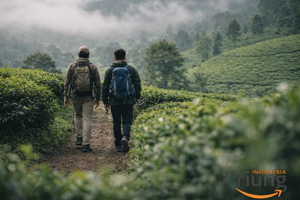 Peserta Trekking Telaga Saat Puncak menikmati keindahan perkebunan teh