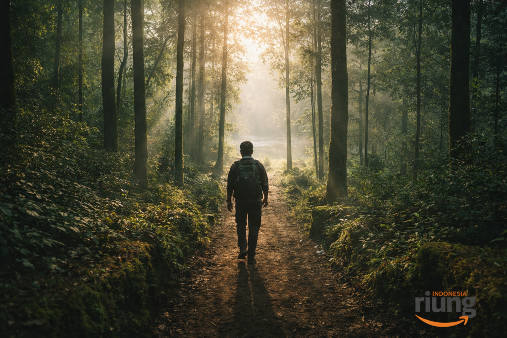 Trekking telaga saat dengan keindahan lingkungan segar di alam Puncak
