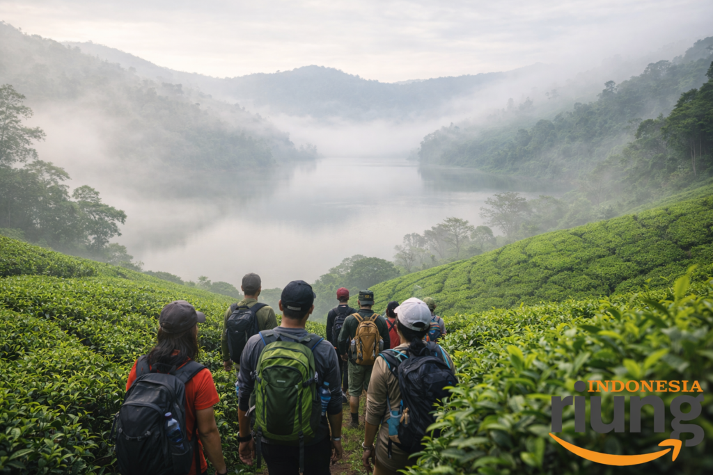 Peserta berjalan di jalur trekking dengan pemandangan telaga di Telaga Saat Puncak