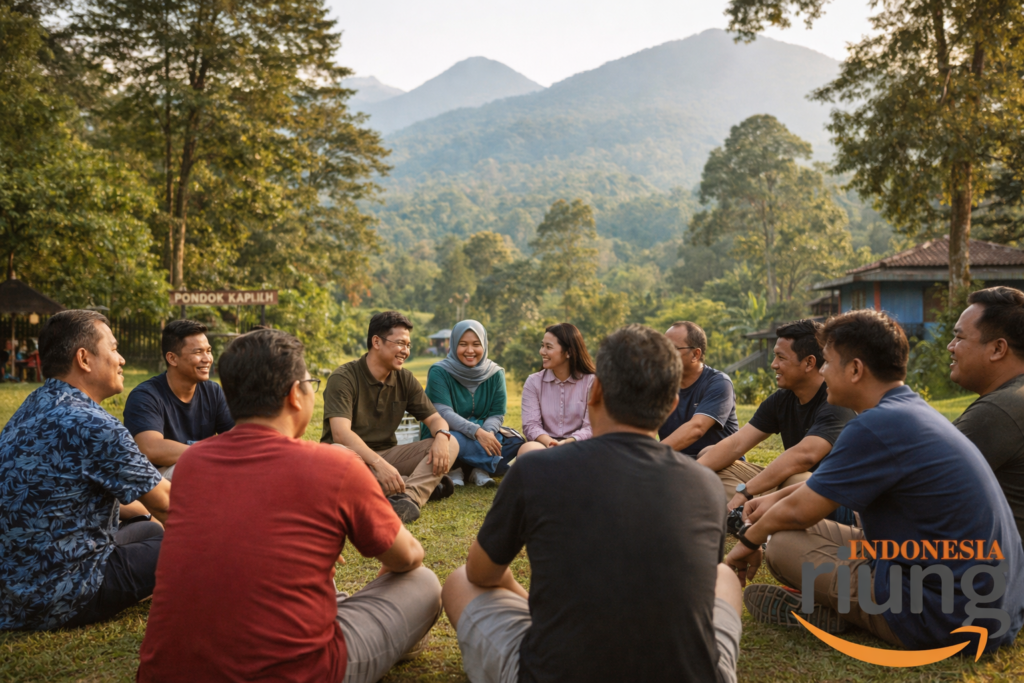Momen quality time gathering perusahaan, peserta duduk berkelompok kecil berbincang dan tertawa ringan
