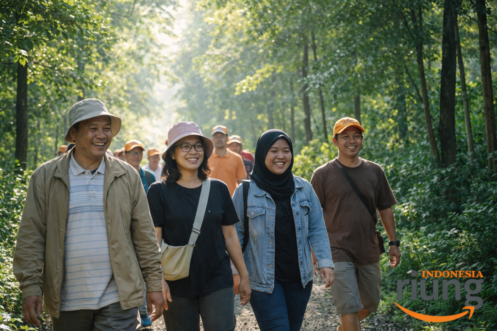 Peserta gathering berjalan santai menikmati suasana alam Pancawati