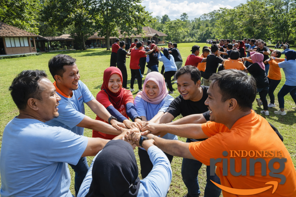Peserta dari berbagai divisi bekerja sama dalam satu aktivitas outbound