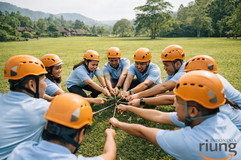 Peserta outbound saling berkoordinasi dalam permainan kelompok