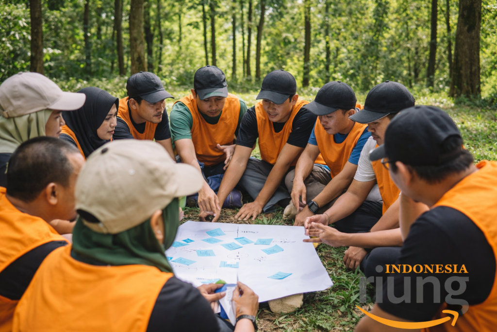 Simulasi outbound yang menekankan komunikasi dan koordinasi tim di Pondok Kapilih Pancawati