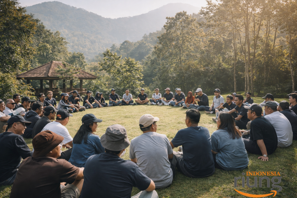 Peserta outing duduk santai dan berbincang ringan di area terbuka Pondok Kapilih