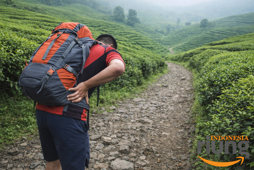 Peserta berhenti sejenak di jalur trekking dengan menghela nafas dan memegang pinggang
