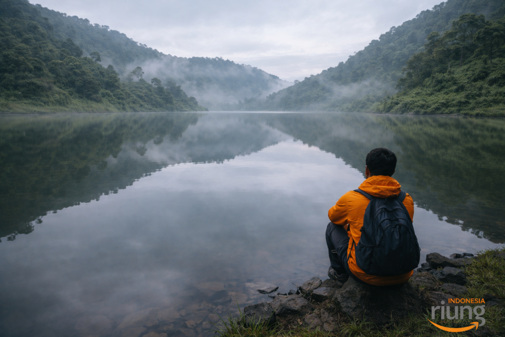 Peserta beristirahat di area sekitar telaga setelah kegiatan trekking
