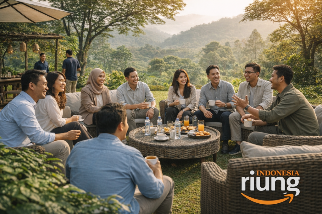 Momen quality time gathering perusahaan, peserta duduk berkelompok kecil berbincang dan tertawa ringan