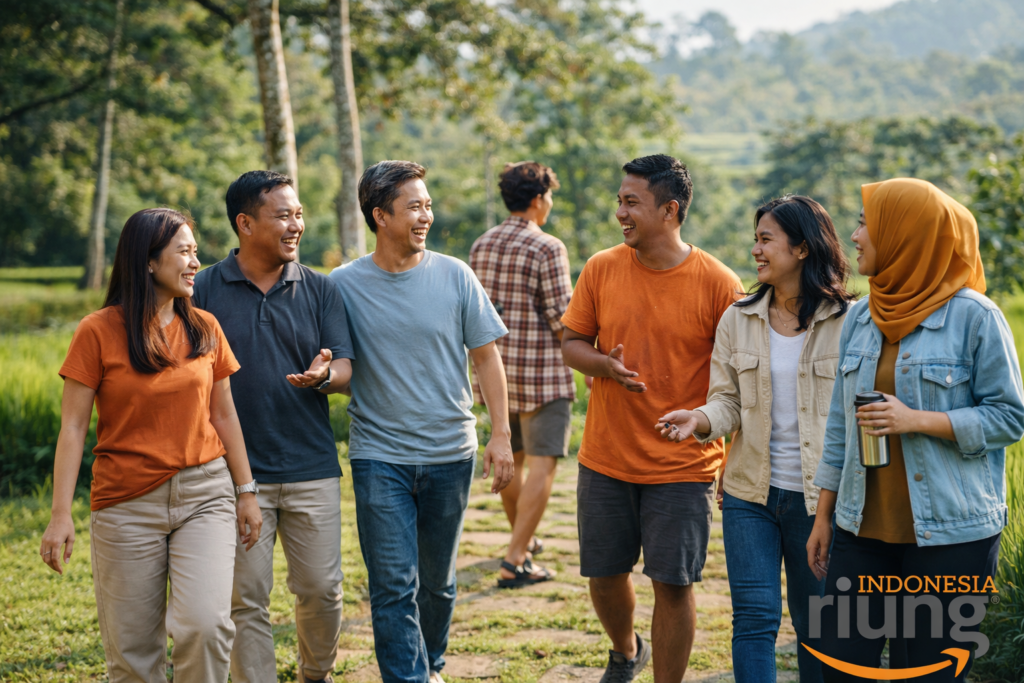 Peserta gathering berjalan santai dan berinteraksi natural di area outdoor
