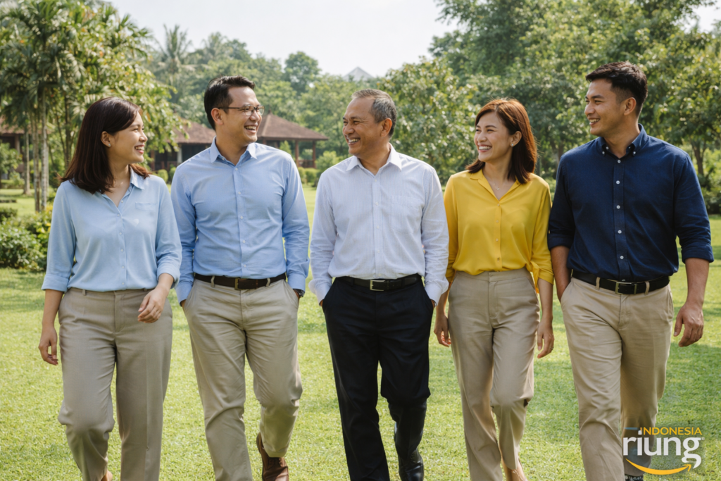 Peserta outing menikmati kebersamaan di ruang terbuka dengan latar pegunungan hijau