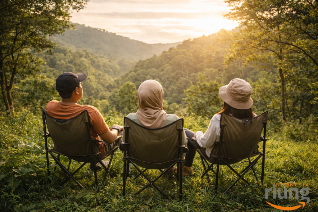 Peserta outing menikmati relaksasi di alam, duduk santai menikmati pemandangan hijau