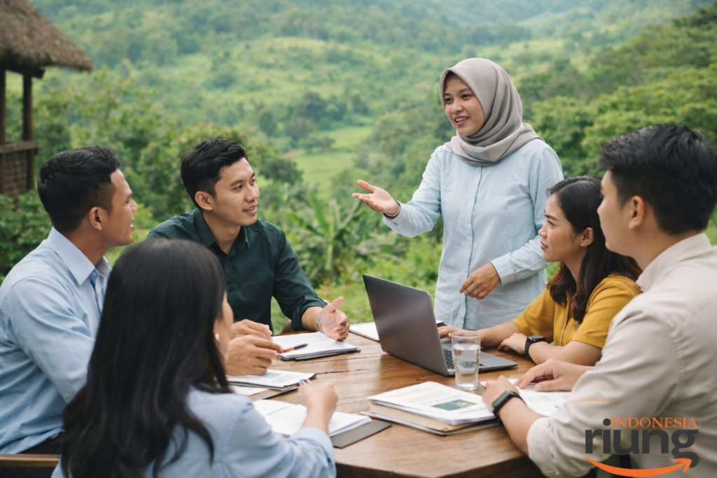 Simulasi kolaborasi tim dengan satu peserta memimpin kelompok