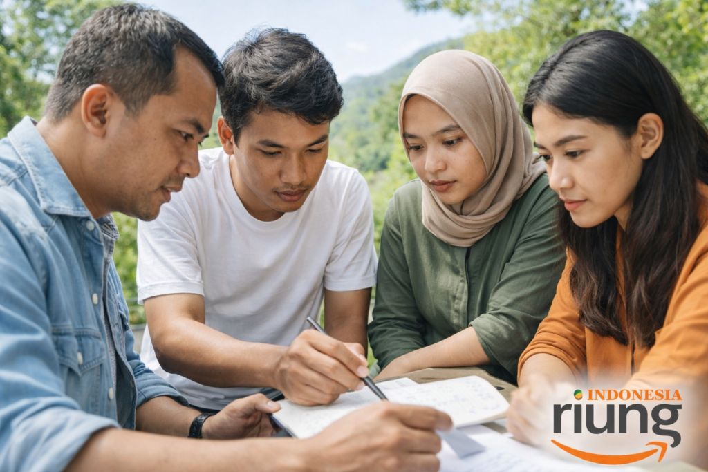 Tim menyelesaikan tantangan problem solving bersama, fokus dan kolaboratif, suasana outdoor terbuka