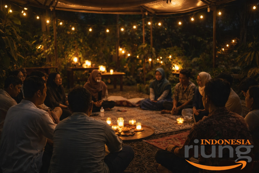 Sesi refleksi malam hari gathering di area semi outdoor dengan lampu hangat, suasana intim dan reflektif