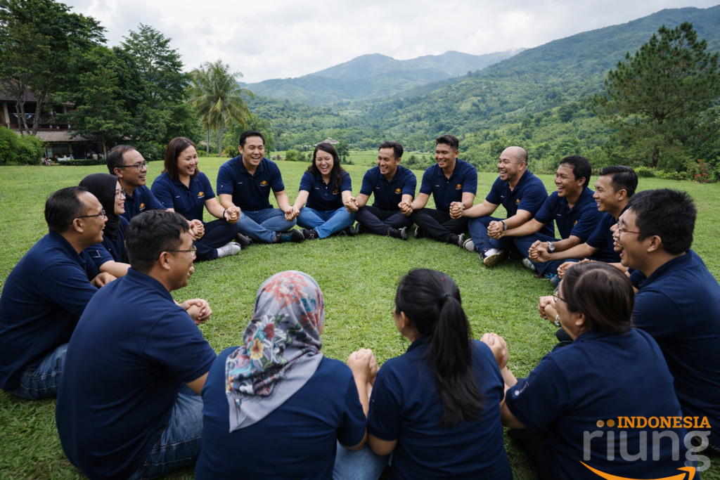 Tim perusahaan melakukan ice breaking kolaboratif di area terbuka Hotel Grand Pesona