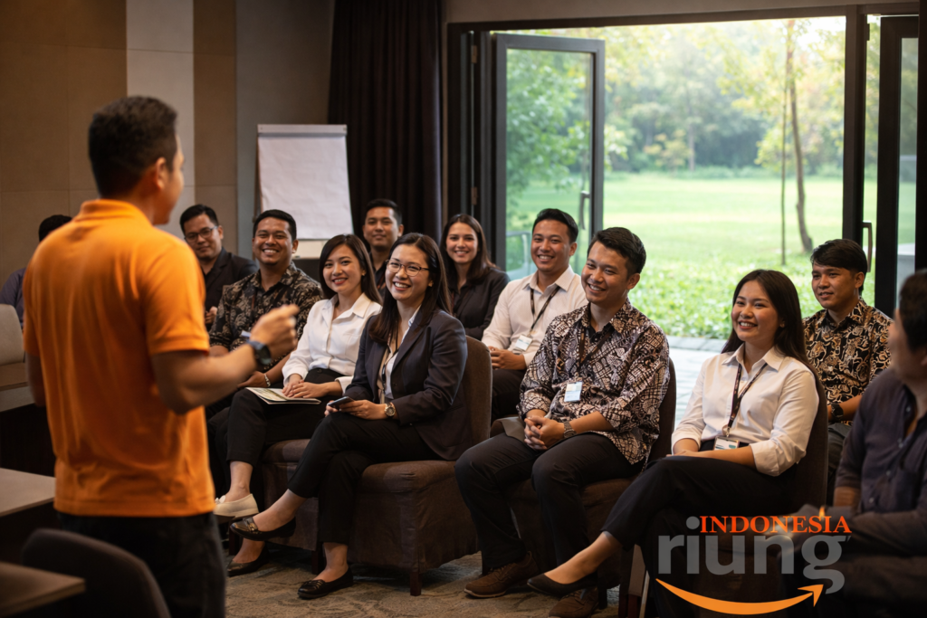 Briefing singkat indoor sebelum outbound peserta dan fasilitator