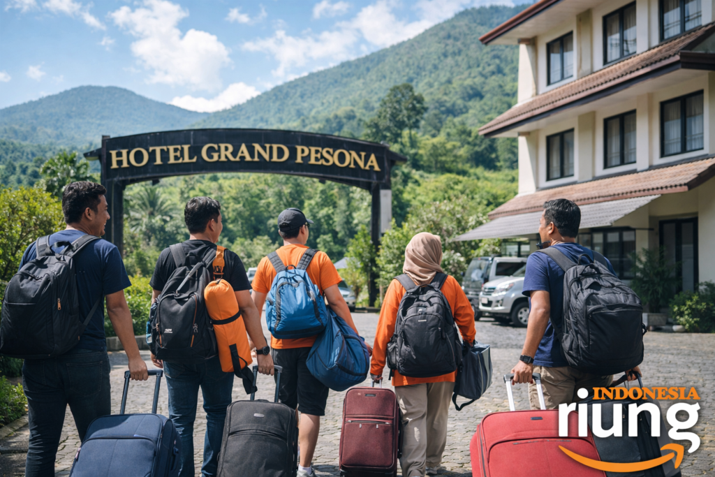 Tim perusahaan tiba di Hotel Grand Pesona membawa tas dan perlengkapan outing