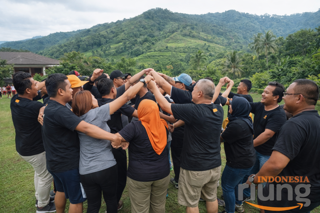 Peserta outing melakukan ice breaking ringan di area terbuka Hotel Grand Pesona dengan latar perbukitan