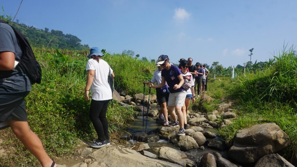 Peserta berjalan santai dalam kegiatan trekking di Telaga Saat Puncak Bogor