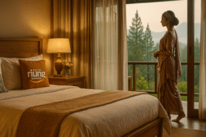 Hotel bernuansa tropis di Sentul oleh Riung Indonesia, ideal untuk MICE skala kecil menengah; fasilitas meeting, wifi stabil, area outdoor, pemandangan pinus, udara segar.