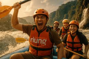 Tim kantor kompak setelah mengikuti Paket Rafting Cisadane Bogor gathering outing.