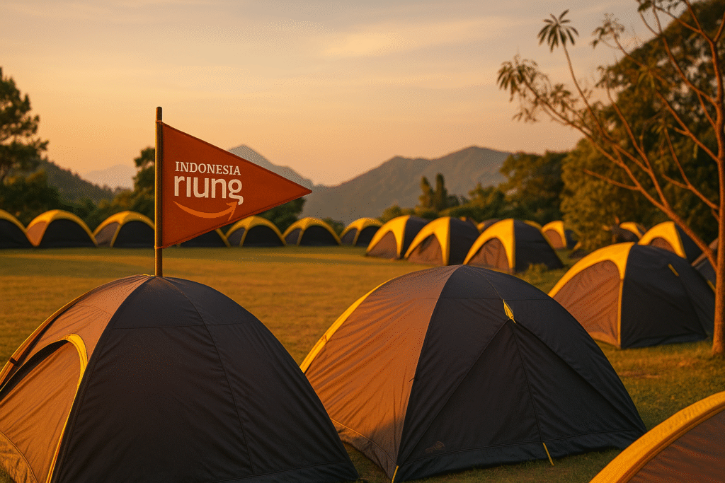 Glamping KM Zero Resort Sentul dengan latar pegunungan dan taman hijau