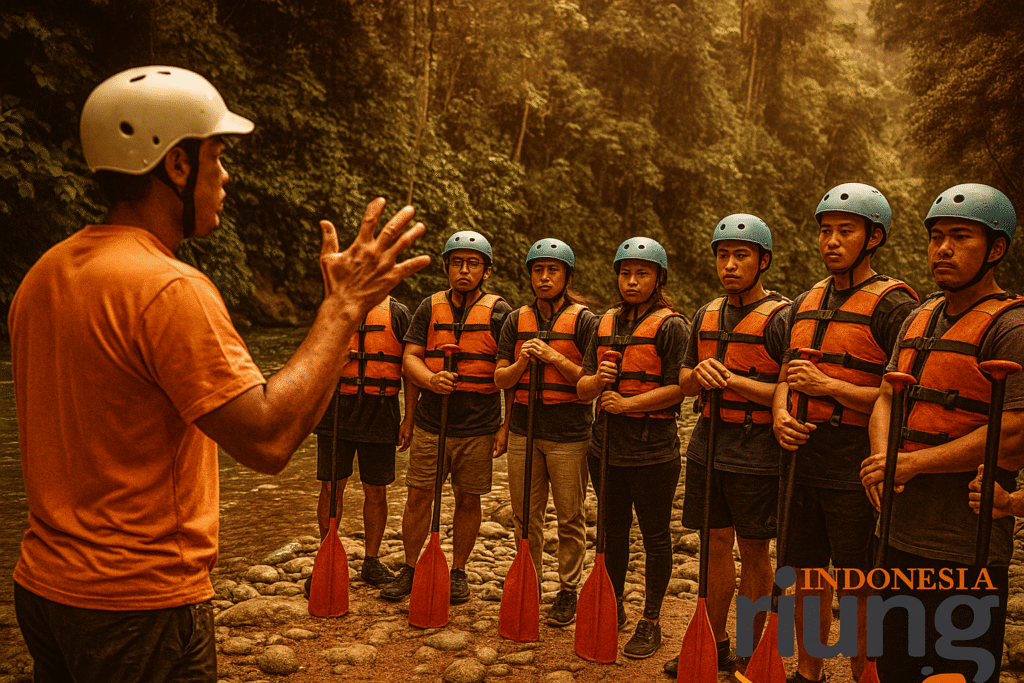 Fasilitator Riung Indonesia memberikan pengarahan kepada peserta di tepi Sungai Citarik