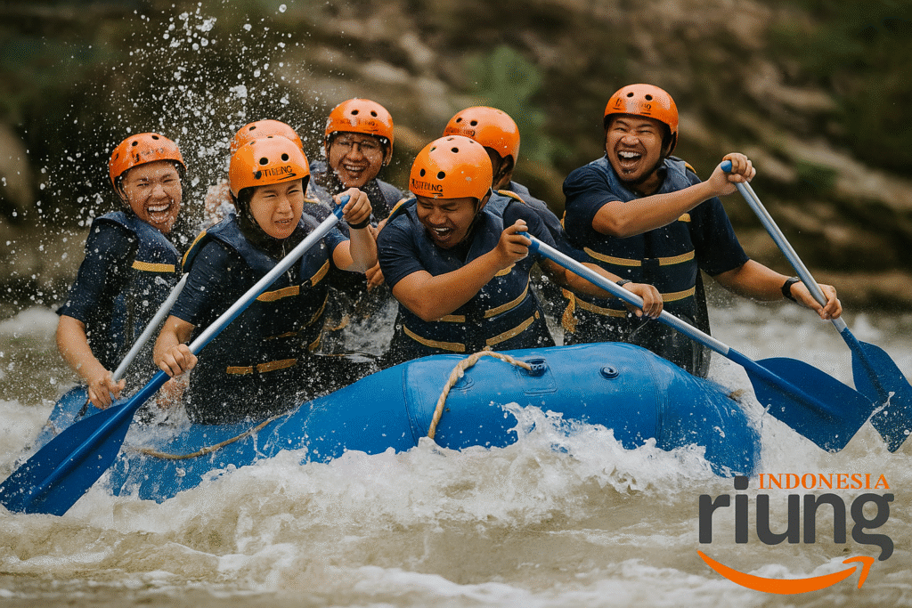 Peserta corporate rafting mendayung kompak melewati jeram Sungai Citarik, air berkilau dan penuh energi