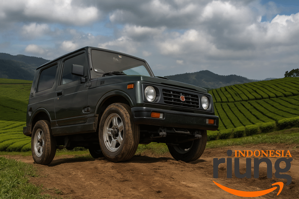 Jeep Suzuki Jimny old tahun 1990 sedang melewati jalur aman Telaga Saat dengan latar danau dan bukit berkabut.